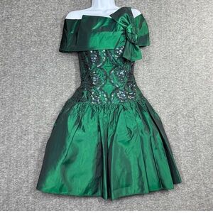 Vintage 80s Gunne Sax Jessica McClintock Emerald Green Prom Dress Sequin Bow-XS